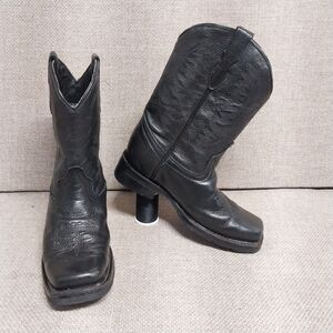Soto  Square Toe  Black Leather Western Stitched Cowboy Riding Boots Kids Size 3